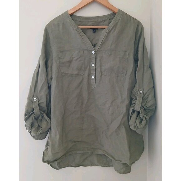 Talbots Linen Popover Top Size Medium Green Tab Sleeve Side Buttons Lagenlook - Picture 1 of 11
